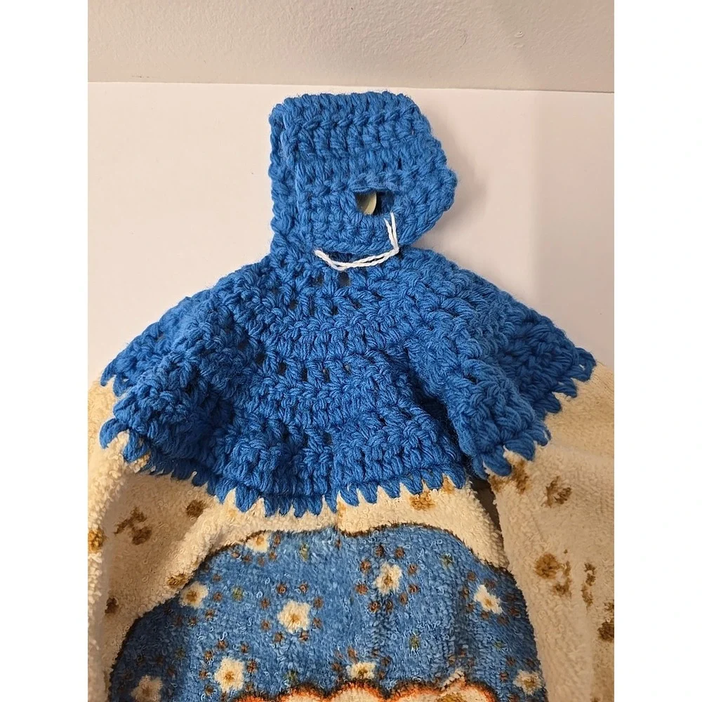 VTG Mushroom RAB Blue Crochet Hanging Dish Towel READ